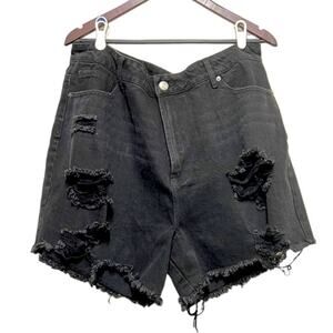 Forever 21 Faded Black Denim Distressed Raw Hem High-Waisted Shorts